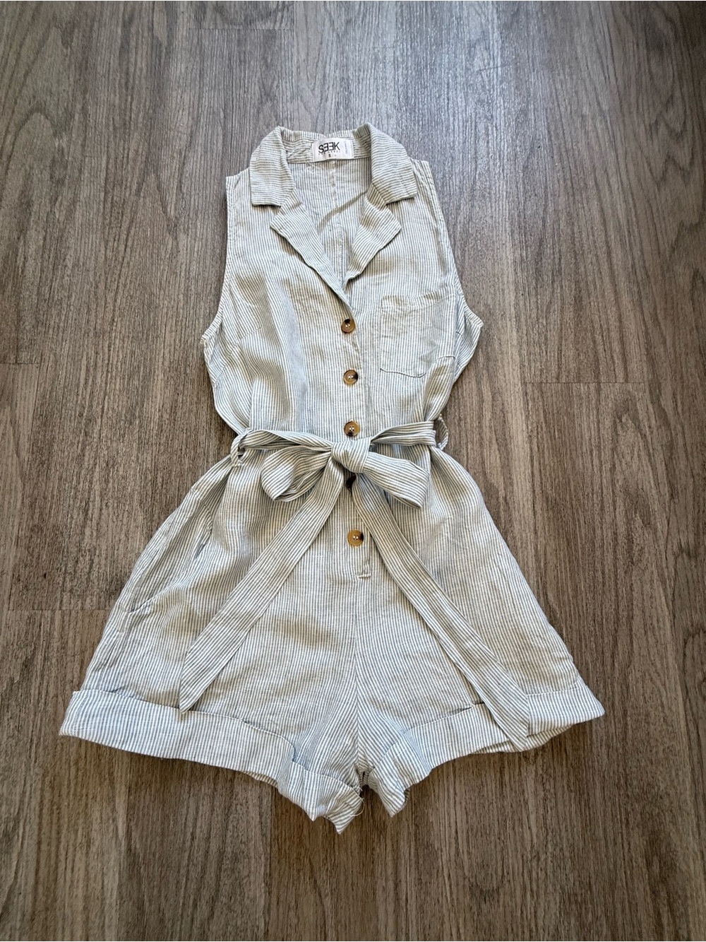 Sleeveless Striped Cotton-Linen Romper in Light Blue